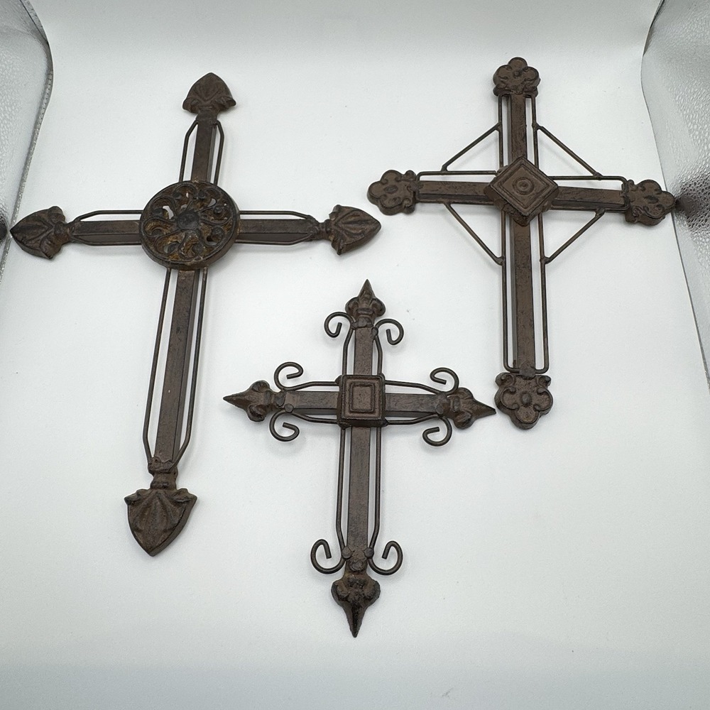 Set 3 Rustic Cast Iron Wall Crosses Fleur De Lis Gothic Farmhouse Decor